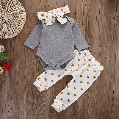 3PCS Newborn Baby Girls Clothes Sets Gray Long Sleeve Cotton Rompers Printed Heart Pants Headband Girls Clothing Set 0-18 Months