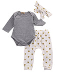 3PCS Newborn Baby Girls Clothes Sets Gray Long Sleeve Cotton Rompers Printed Heart Pants Headband Girls Clothing Set 0-18 Months