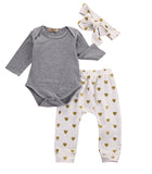 3PCS Newborn Baby Girls Clothes Sets Gray Long Sleeve Cotton Rompers Printed Heart Pants Headband Girls Clothing Set 0-18 Months