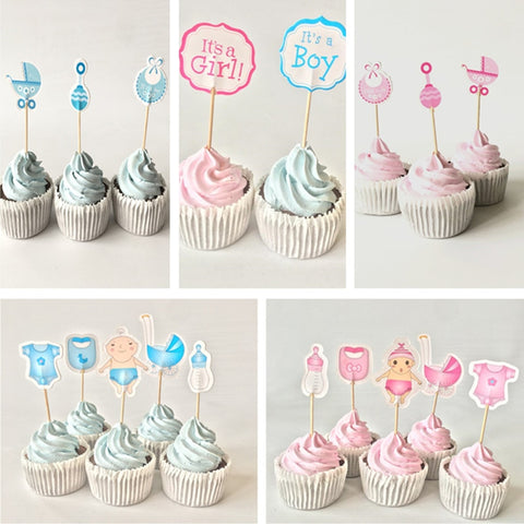 12/18/20pcs Baby Shower Cupcake Toppers Boy Girl Christening Blue Birthday Party Decorations Kids Festive Event Party Supplies