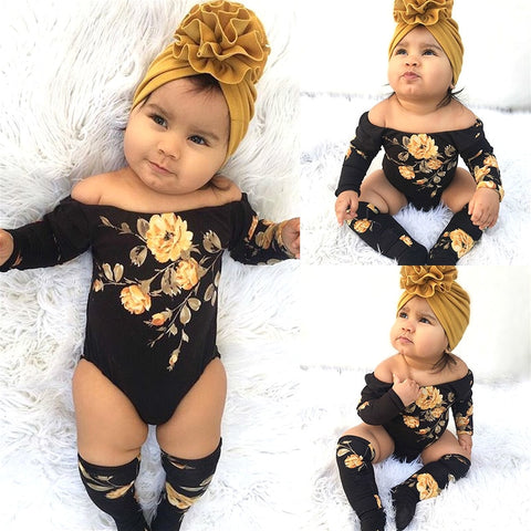 2019 Newborn Toddler Baby Girl Clothes Set Off Shoulder Long Sleeve Flower Romper + Leg Warmers Summer Infant Baby Girl Clothes