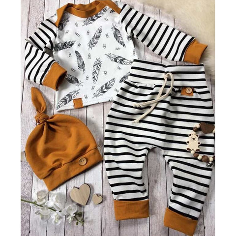 Winter Baby Newborn Baby Boy Girl Clothes Feather T shirt Tops Striped Pants Clothes Outfits Set vetement enfant fille