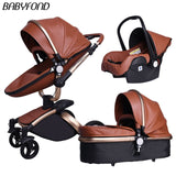 25usd coupon!luxury High landscape Baby Stroller 3 in 1 PU Leather Baby Car EU standard independent newborn basket babyfond pram