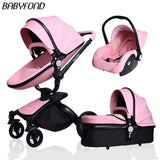 25usd coupon!luxury High landscape Baby Stroller 3 in 1 PU Leather Baby Car EU standard independent newborn basket babyfond pram