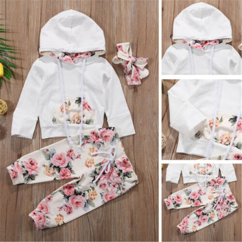 Infant Baby Girls Floral Outfit Clothes Tracksuit Printed pocket hooded Sweater + Leggings Pants + Hair Band Set 0-2 Year