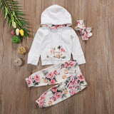 Infant Baby Girls Floral Outfit Clothes Tracksuit Printed pocket hooded Sweater + Leggings Pants + Hair Band Set 0-2 Year